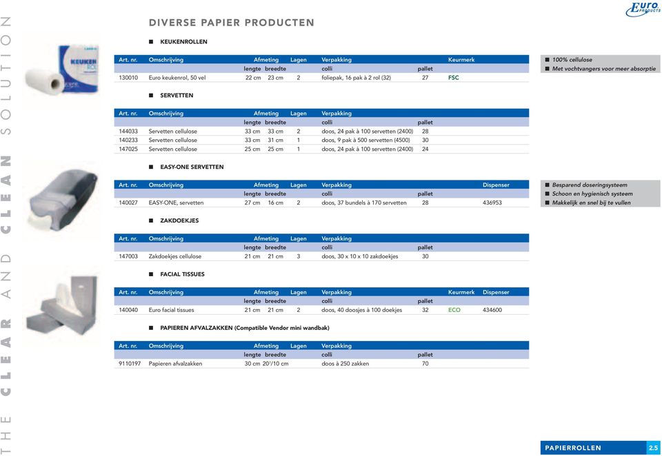 Omschrijving Afmeting Lagen Verpakking 144033 Servetten cellulose 33 cm 33 cm 2 doos, 24 pak à 100 servetten (2400) 28 140233 Servetten cellulose 33 cm 31 cm 1 doos, 9 pak à 500 servetten (4500) 30