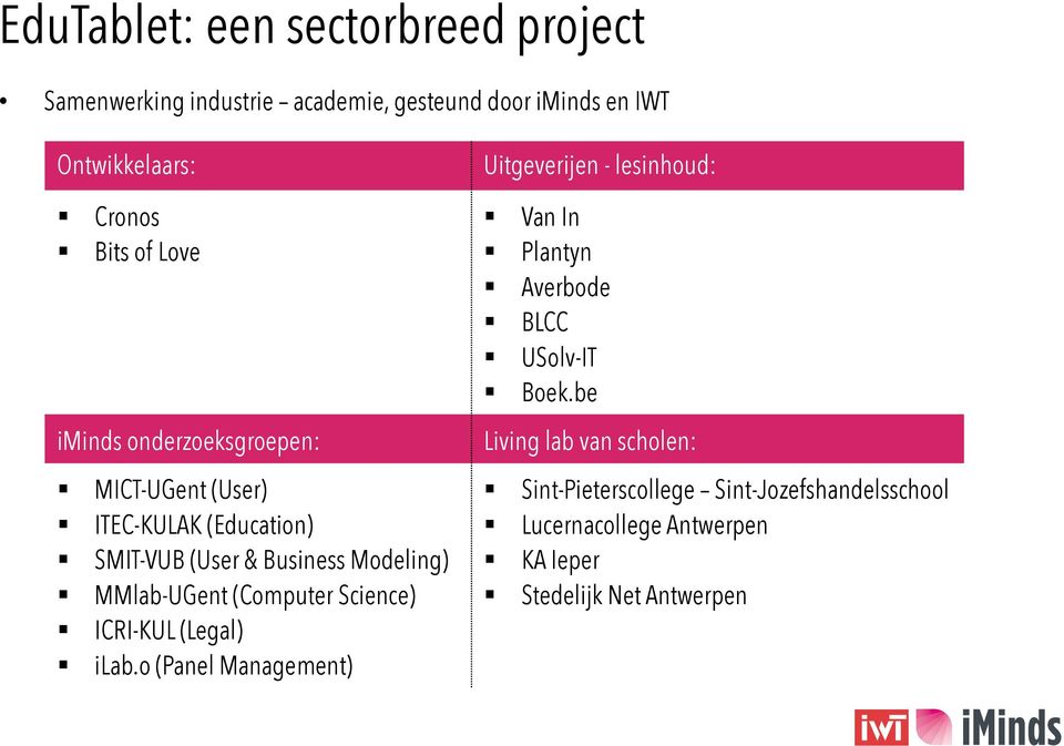 MMlab-UGent (Computer Science) ICRI-KUL (Legal) ilab.o (Panel Management) Van In Ontwikkelaars Plantyn Averbode BLCC USolv-IT Boek.