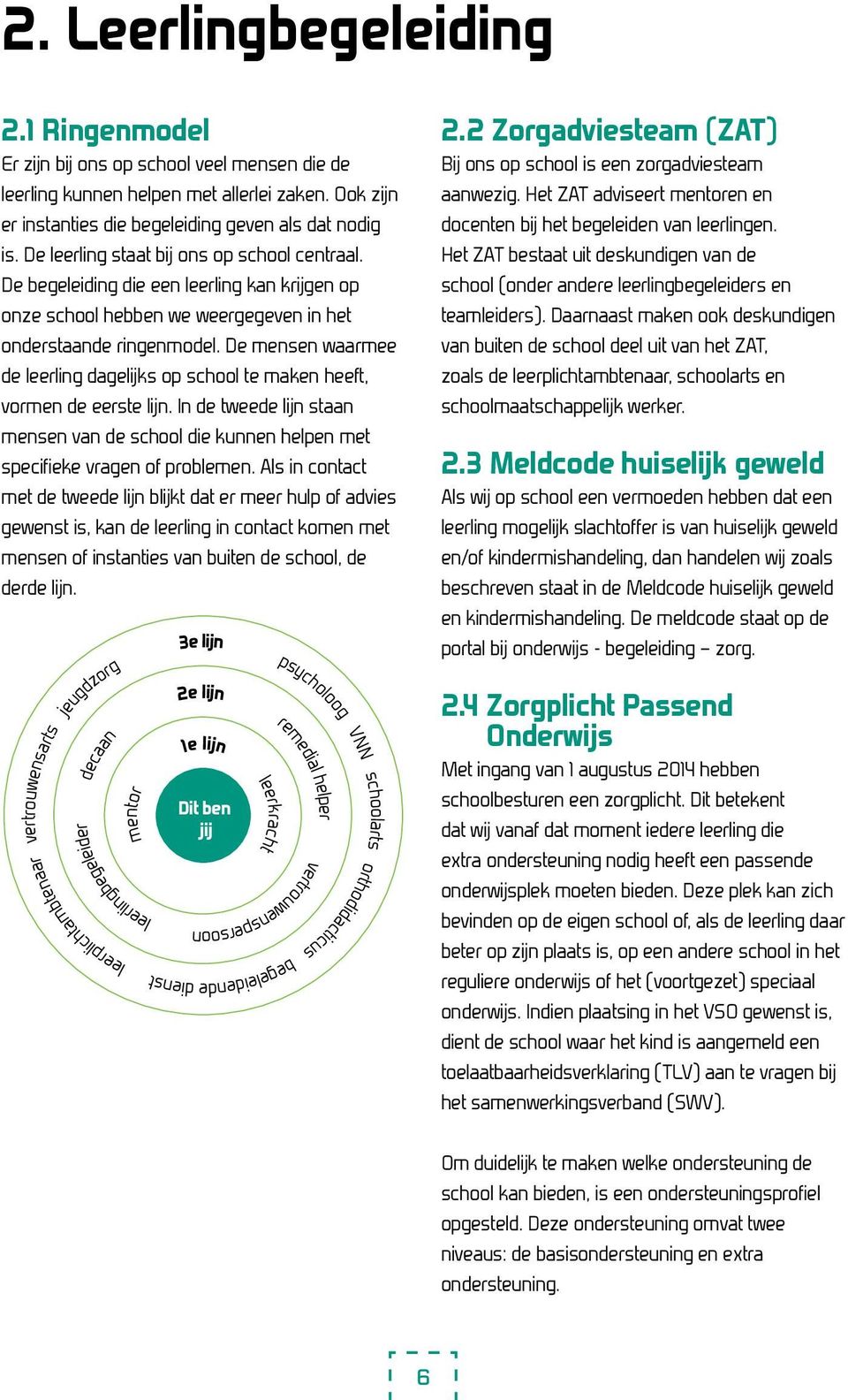 De mensen waarmee de leerling dagelijks op school te maken heeft, vormen de eerste lijn. In de tweede lijn staan mensen van de school die kunnen helpen met specifieke vragen of problemen.