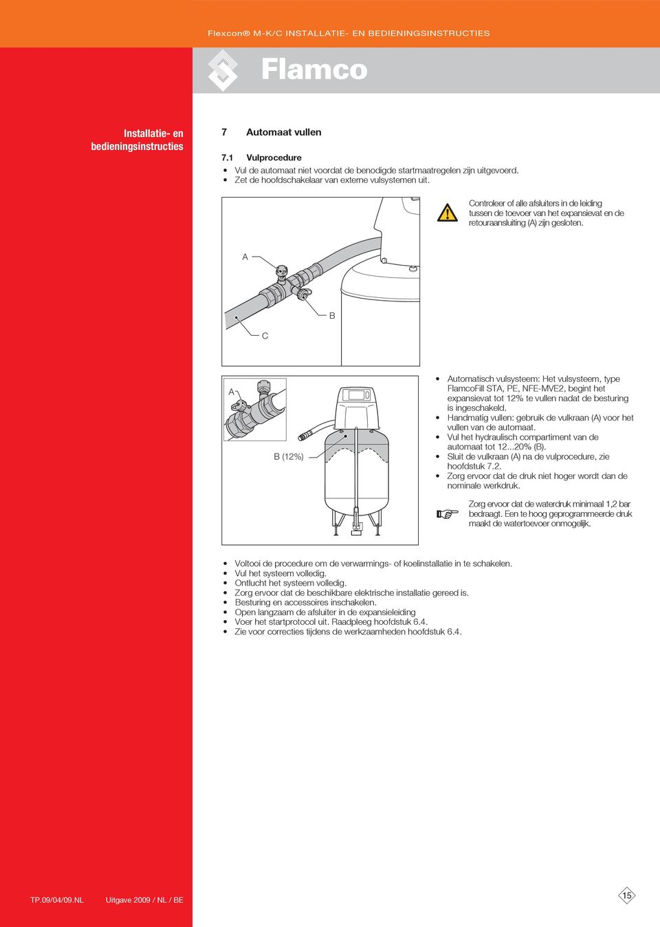 C (12%) utomatisch vulsysteem: Het vulsysteem, type FlamcoFill ST, PE, NFE-MVE2, begint het expansievat tot 12% te vullen nadat de besturing is ingeschakeld.
