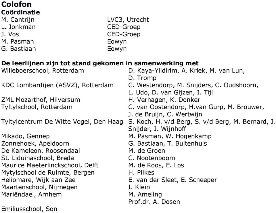 Snijders, C. Oudshoorn, L. Udo, D. van Gijzen, I. Tijl ZML Mozarthof, Hilversum H. Verhagen, K. Donker Tyltylschool, Rotterdam C. van Oostendorp, H.van Gurp, M. Brouwer, J. de Bruijn, C.