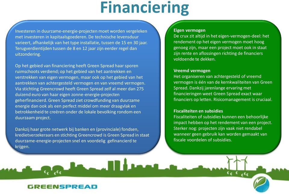 Op het gebied van financiering heeft Green Spread haar sporen ruimschoots verdiend; op het gebied van het aantrekken en verstrekken van eigen vermogen, maar ook op het gebied van het aantrekken van