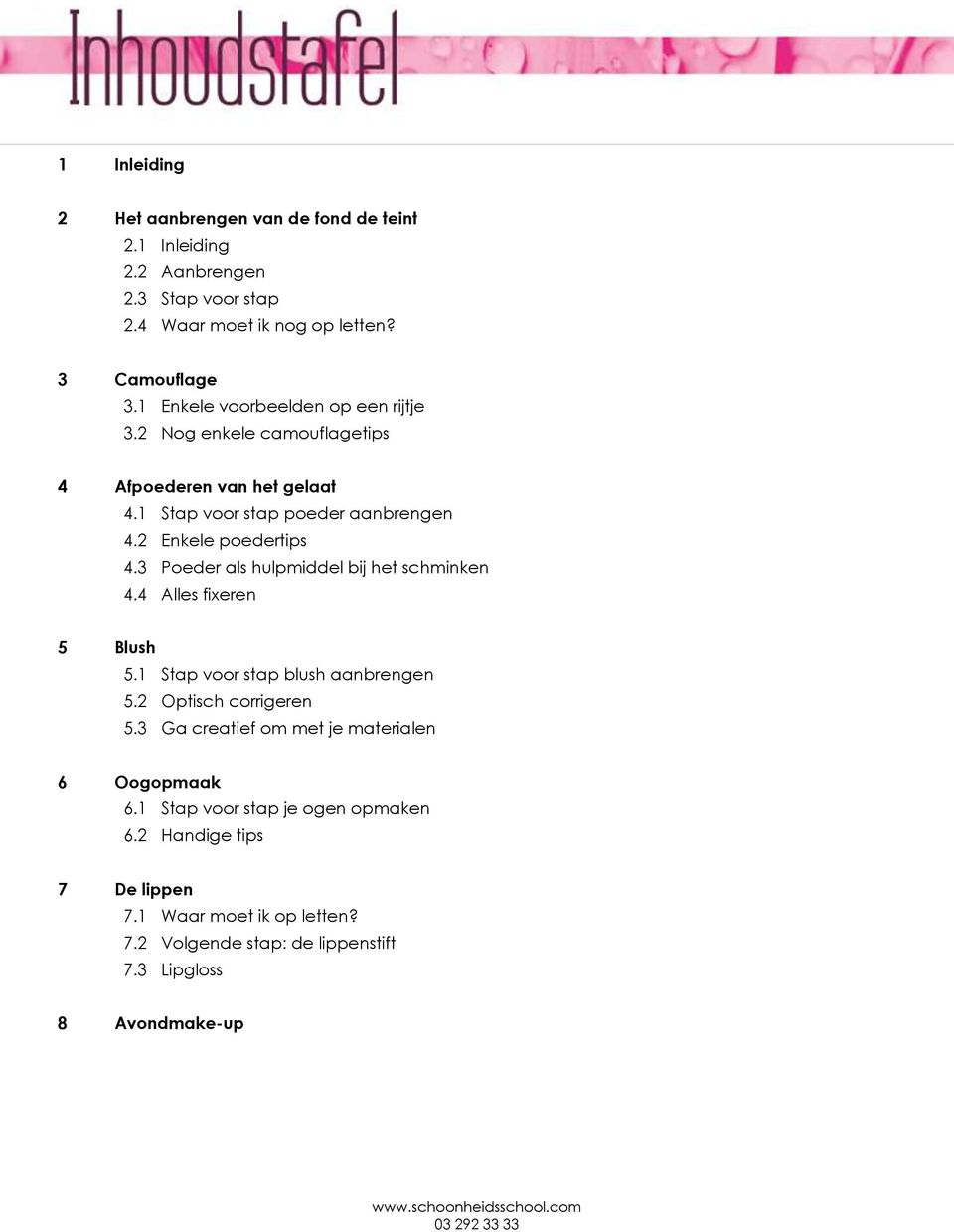 3 Poeder als hulpmiddel bij het schminken 4.4 Alles fixeren 5 Blush 5.1 Stap voor stap blush aanbrengen 5.2 Optisch corrigeren 5.