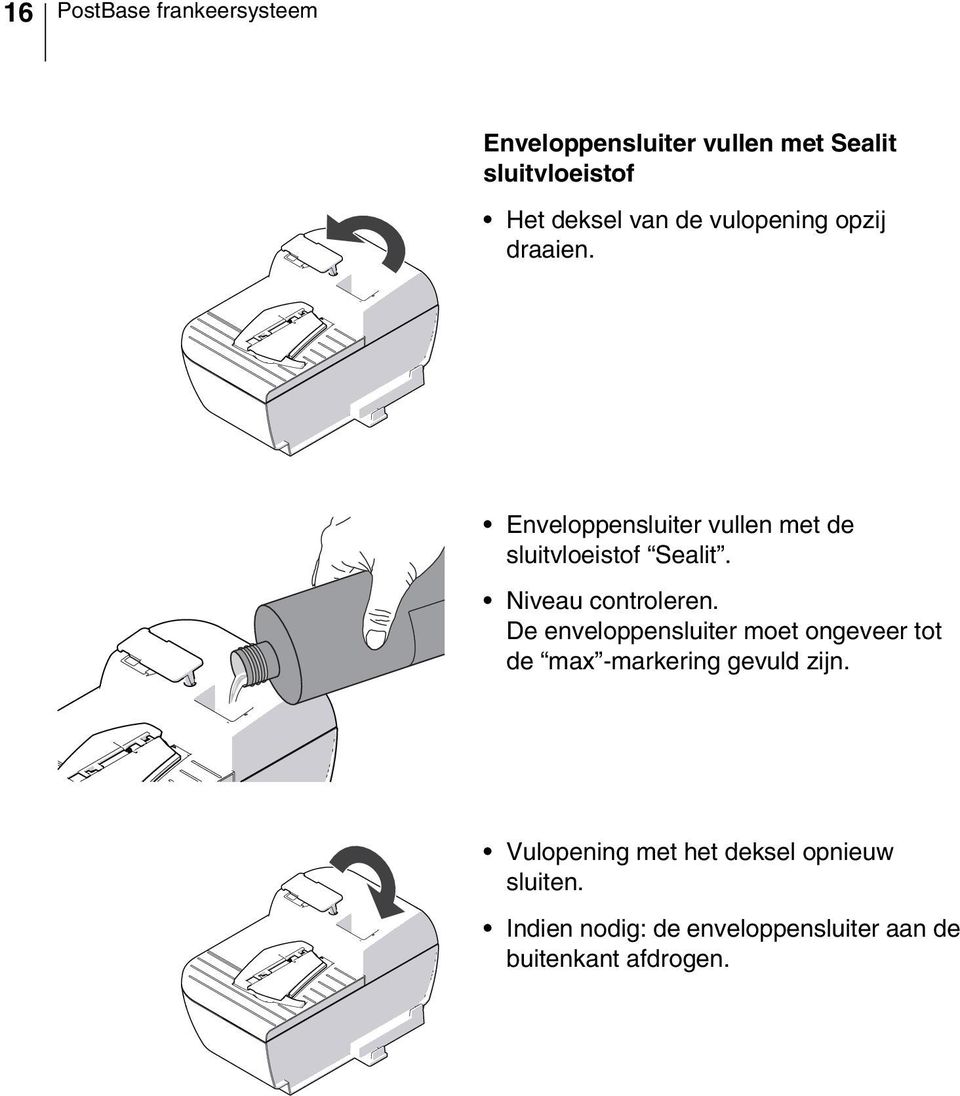 Niveau controleren. De enveloppensluiter moet ongeveer tot de max -markering gevuld zijn.