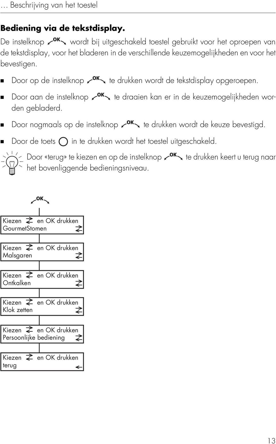 Door op de instelknop te drukken wordt de tekstdisplay opgeroepen. Door aan de instelknop te draaien kan er in de keuzemogelijkheden worden gebladerd.