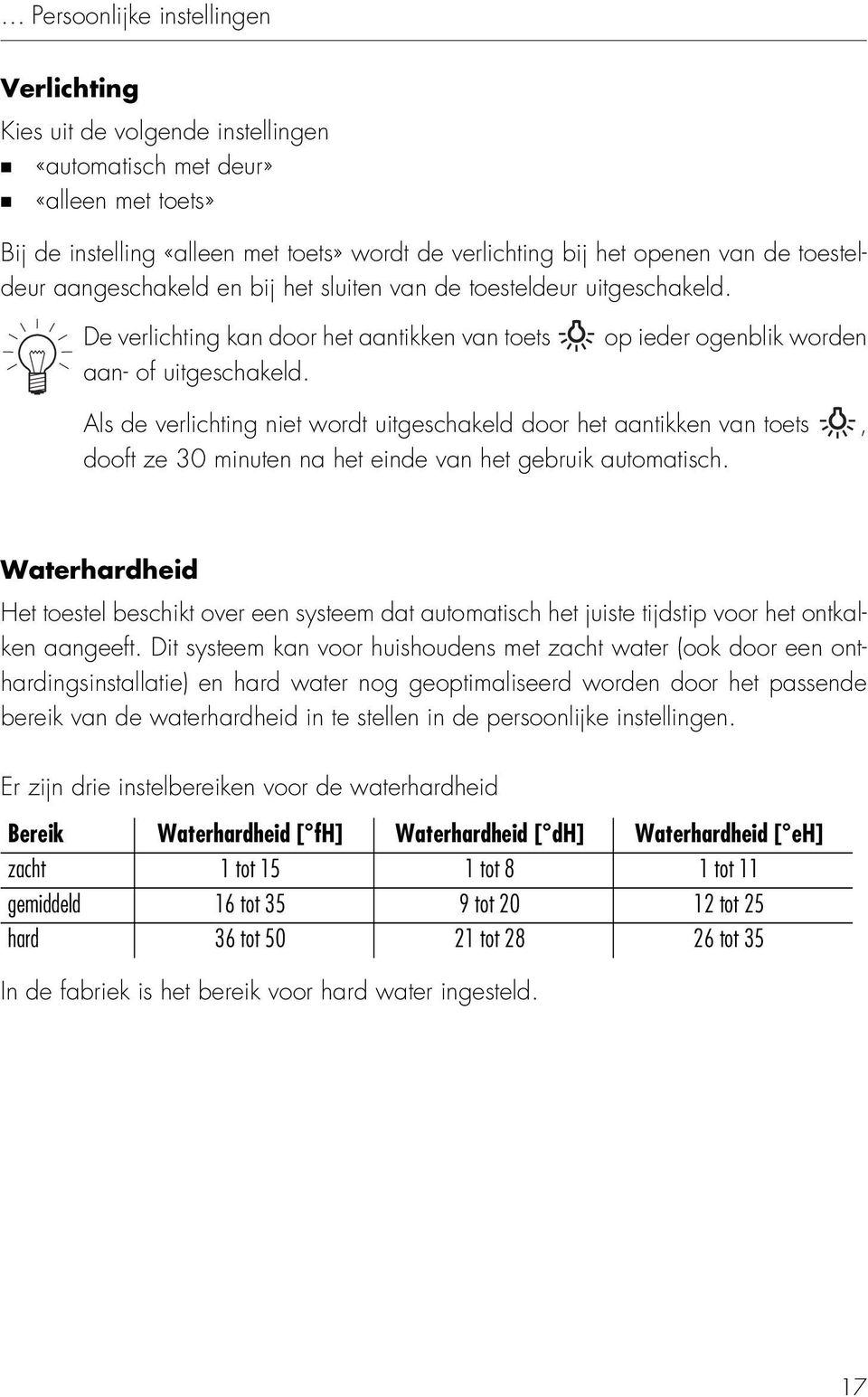 op ieder ogenblik worden ls de verlichting niet wordt uitgeschakeld door het aantikken van toets, dooft ze 30 minuten na het einde van het gebruik automatisch.