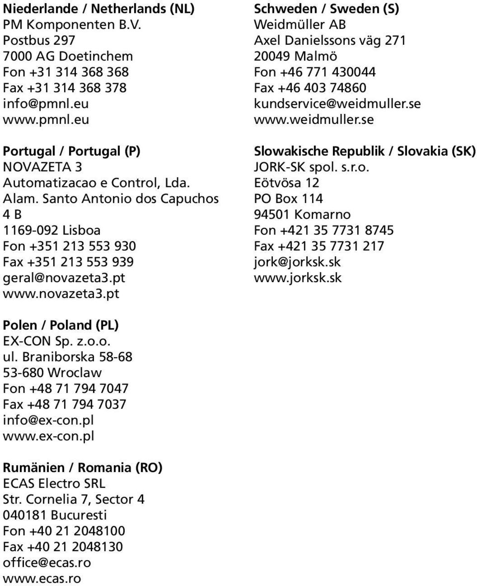 pt www.novazeta3.pt Schweden / Sweden (S) Weidmüller AB Axel Danielssons väg 271 20049 Malmö Fon +46 771 430044 Fax +46 403 74860 kundservice@weidmuller.