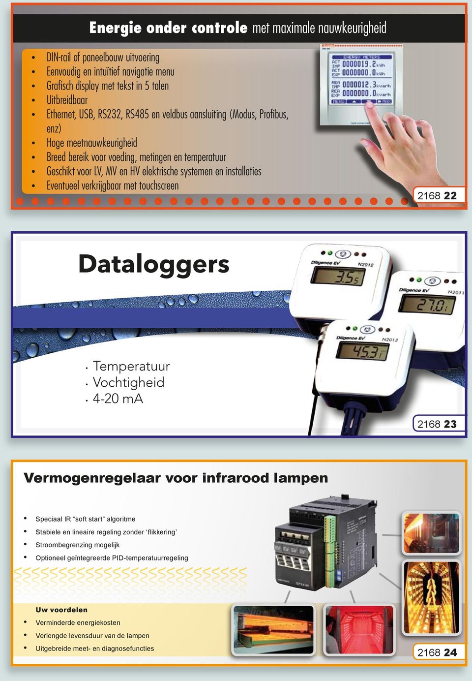 Eventueel verkrijgbaar met touchscreen 2168 22 Dataloggers Temperatuur Vochtigheid 4-20 ma 2168 23 Vermogenregelaar voor infrarood lampen Speciaal IR soft start algoritme Stroombegrenzing mogelijk