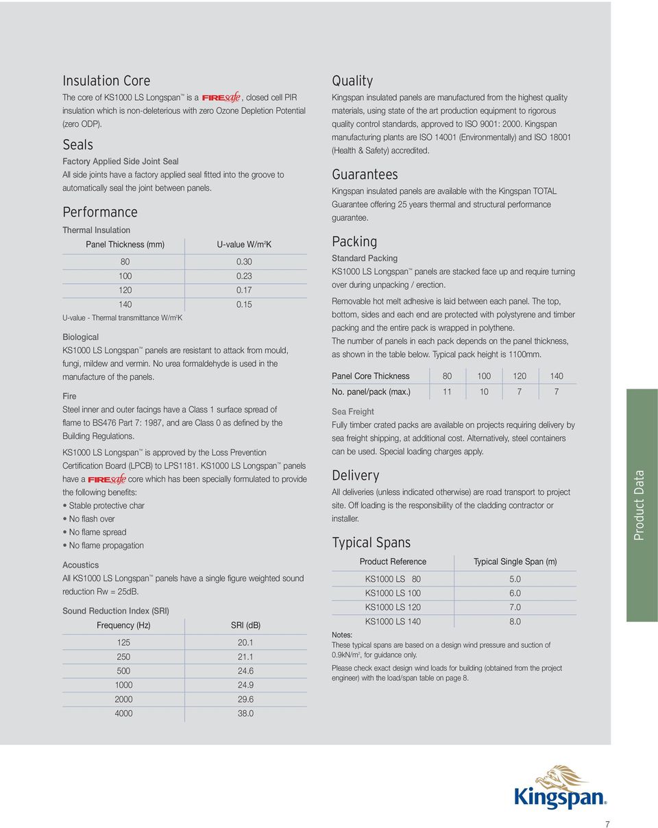 Performance Thermal Insulation Panel Thickness (mm) U-value W/m 2 K 80 0.30 100 0.23 120 0.17 140 0.