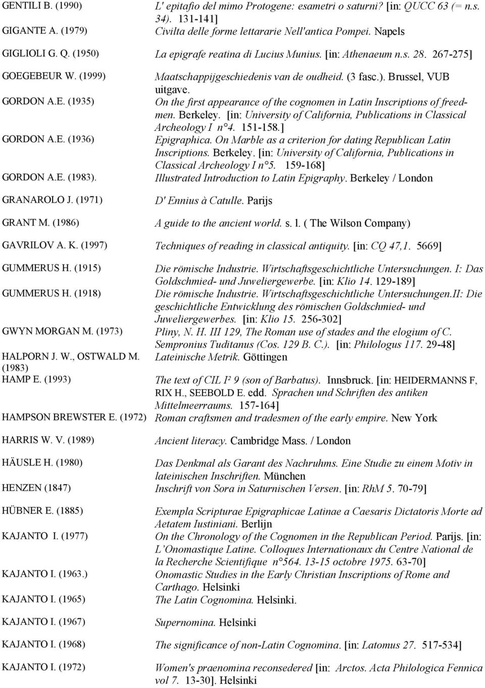 On the first appearance of the cognomen in Latin Inscriptions of freedmen. Berkeley. [in: University of California, Publications in Classical Archeology I n 4. 151-158.] Epigraphica.