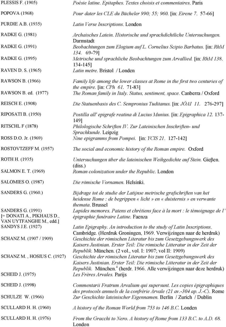 69-79] RADKE G. (1995) Metrische und sprachliche Beobachtungen zum Arvallied. [in: RhM 138. 134-145] RAVEN D. S. (1965) Latin metre. Bristol / Londen RAWSON B. (1966) RAWSON B. ed.