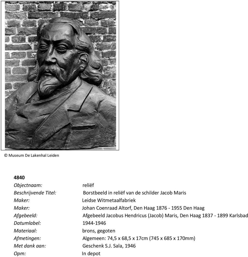Afgebeeld Jacobus Hendricus (Jacob) Maris, Den Haag 1837-1899 Karlsbad Datumlabel: 1944-1946 Materiaal: brons,