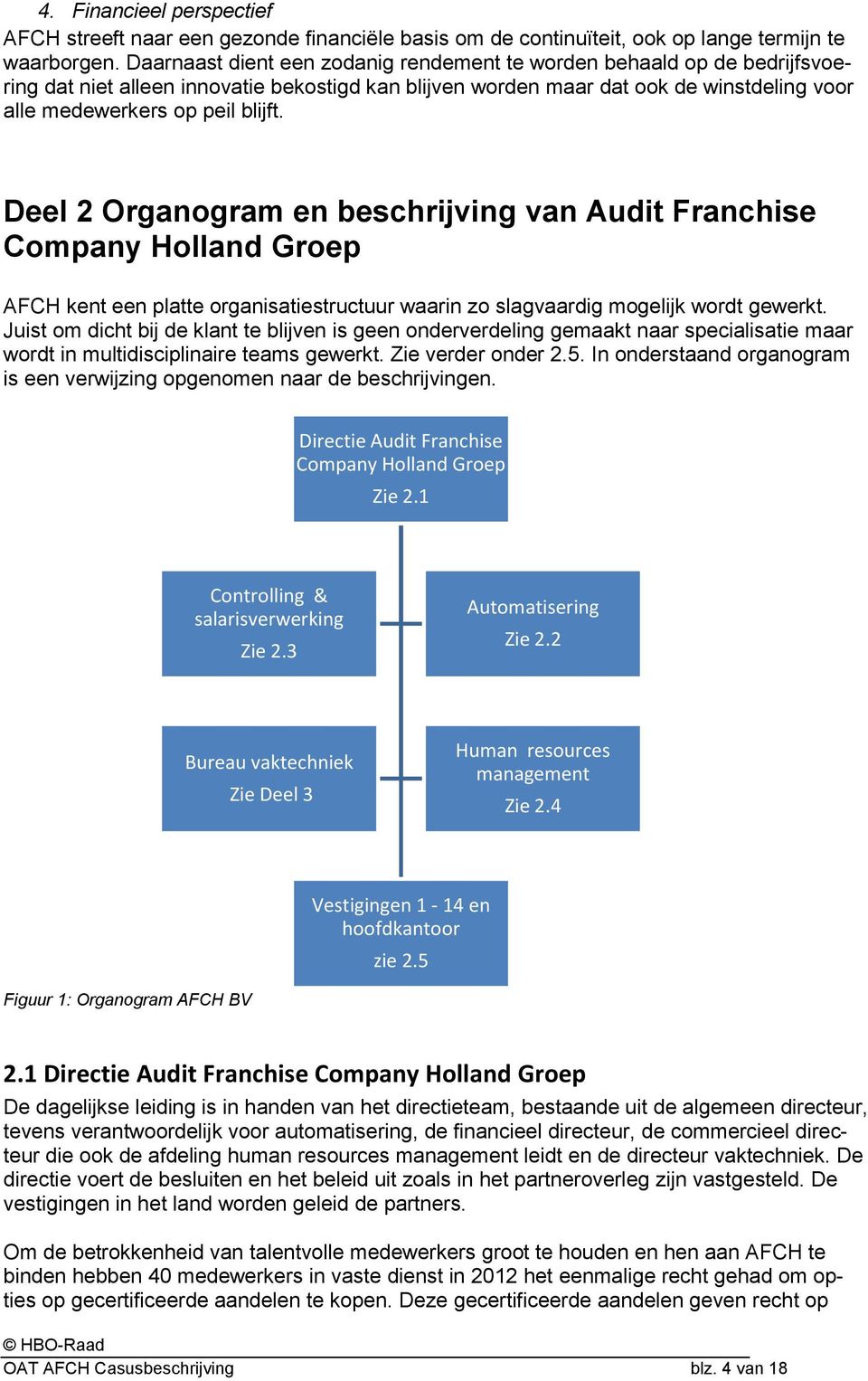 Deel 2 Organogram en beschrijving van Audit Franchise Company Holland Groep AFCH kent een platte organisatiestructuur waarin zo slagvaardig mogelijk wordt gewerkt.