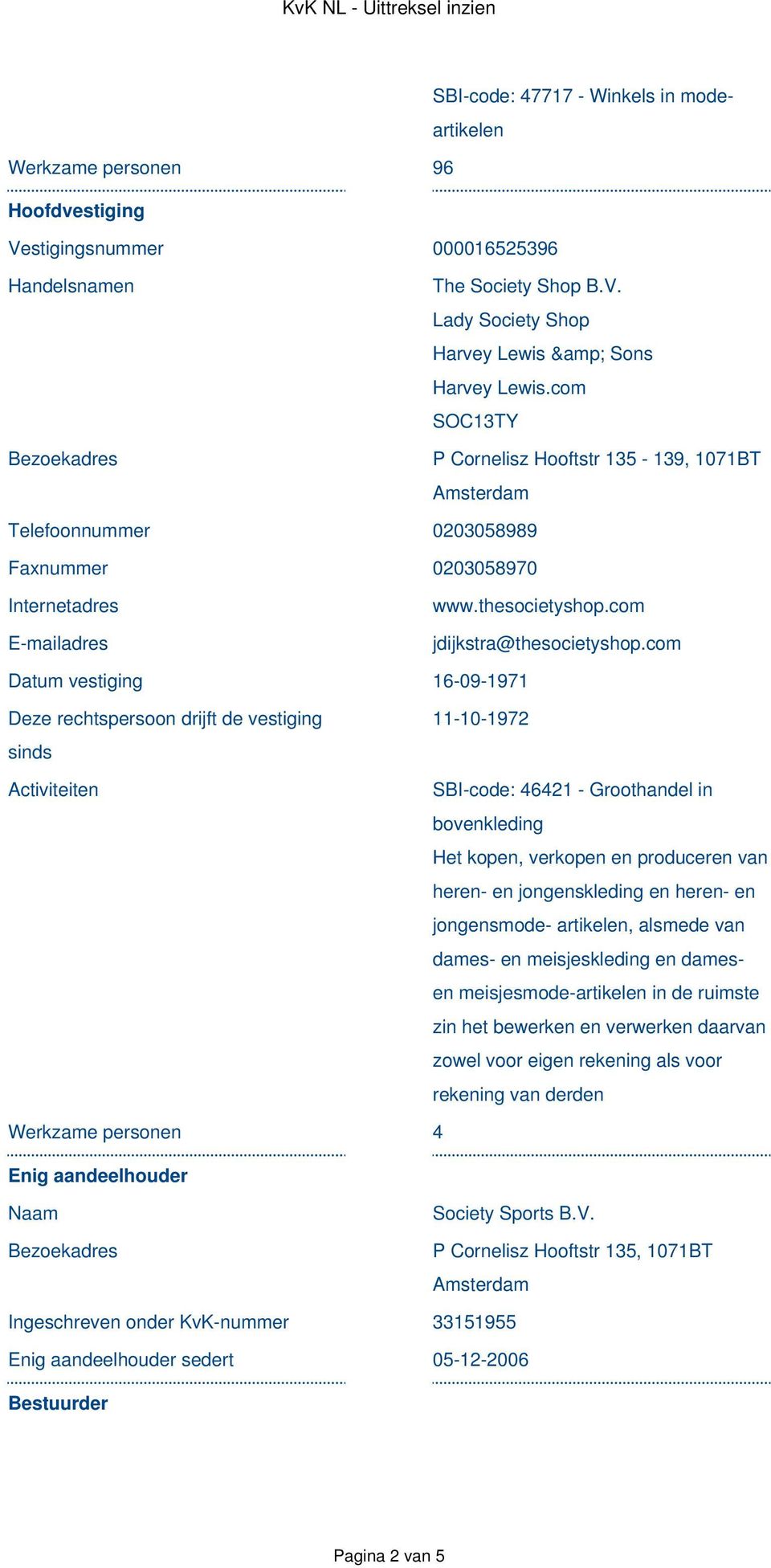 com Datum vestiging 16-09-1971 Deze rechtspersoon drijft de vestiging sinds Activiteiten 11-10-1972 SBI-code: 46421 - Groothandel in bovenkleding Het kopen, verkopen en produceren van heren- en