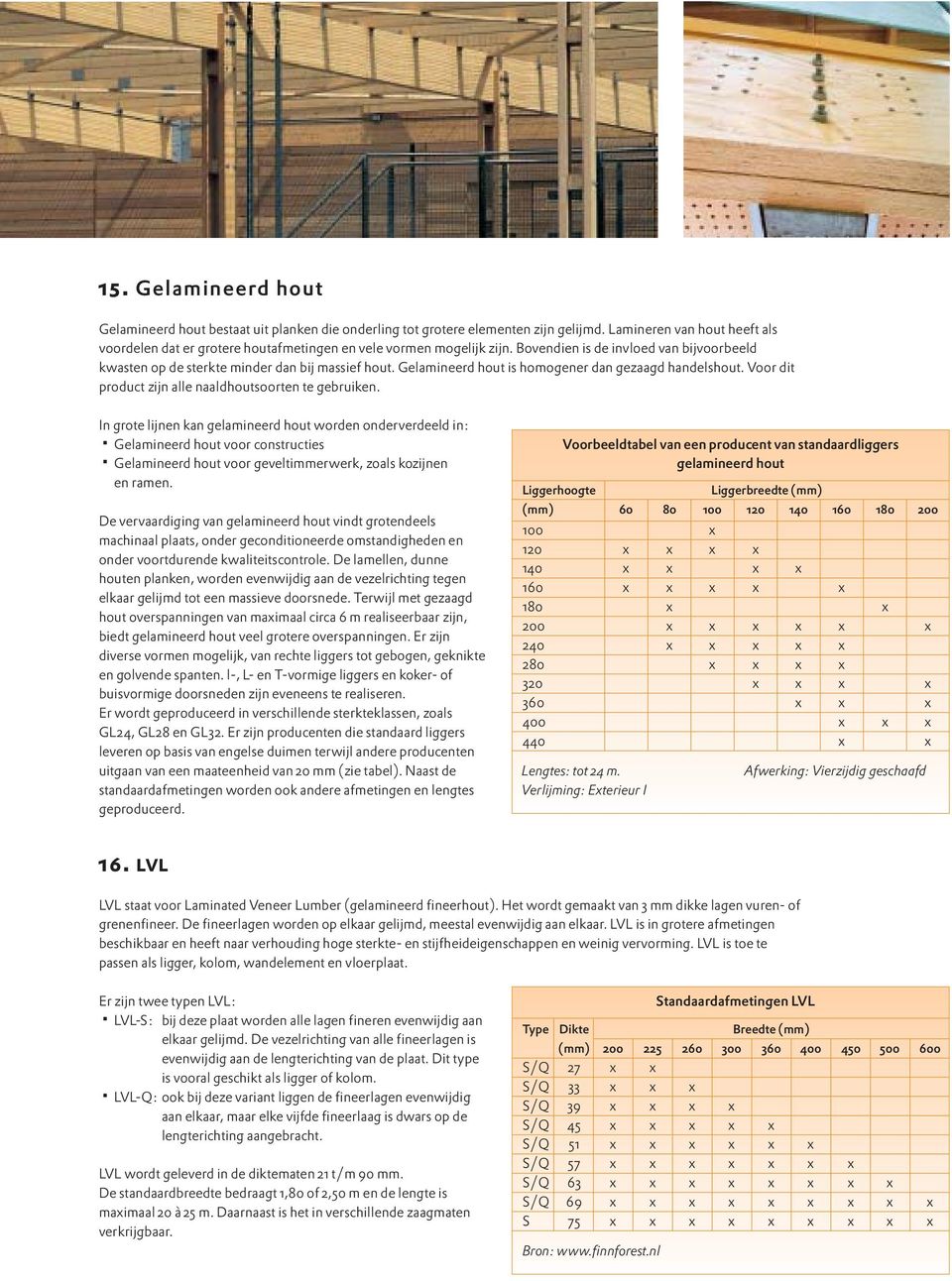 Gelamineerd hout is homogener dan gezaagd handelshout. Voor dit product zijn alle naaldhoutsoorten te gebruiken.