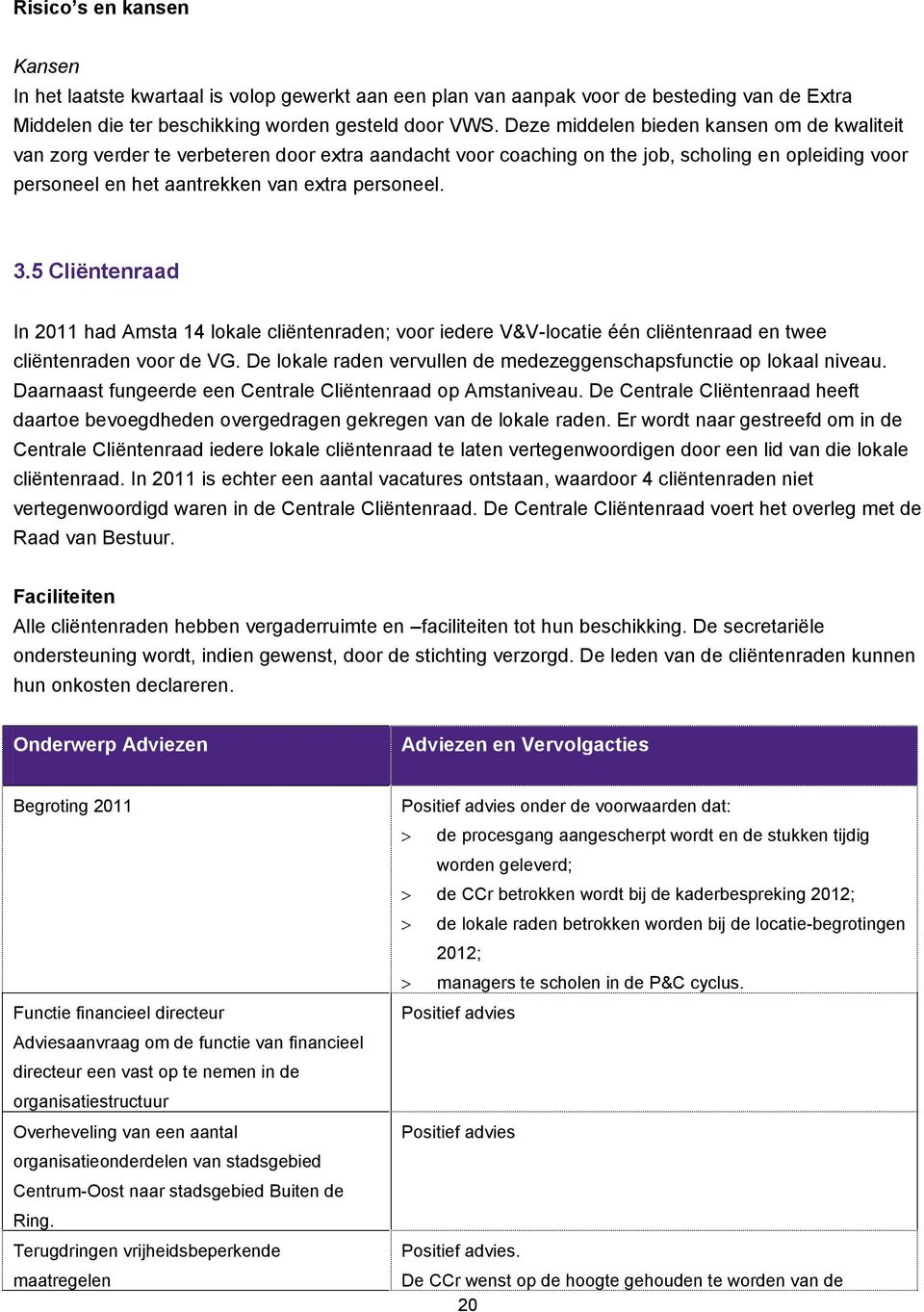 5 Cliëntenraad In 2011 had Amsta 14 lokale cliëntenraden; voor iedere V&V-locatie één cliëntenraad en twee cliëntenraden voor de VG.