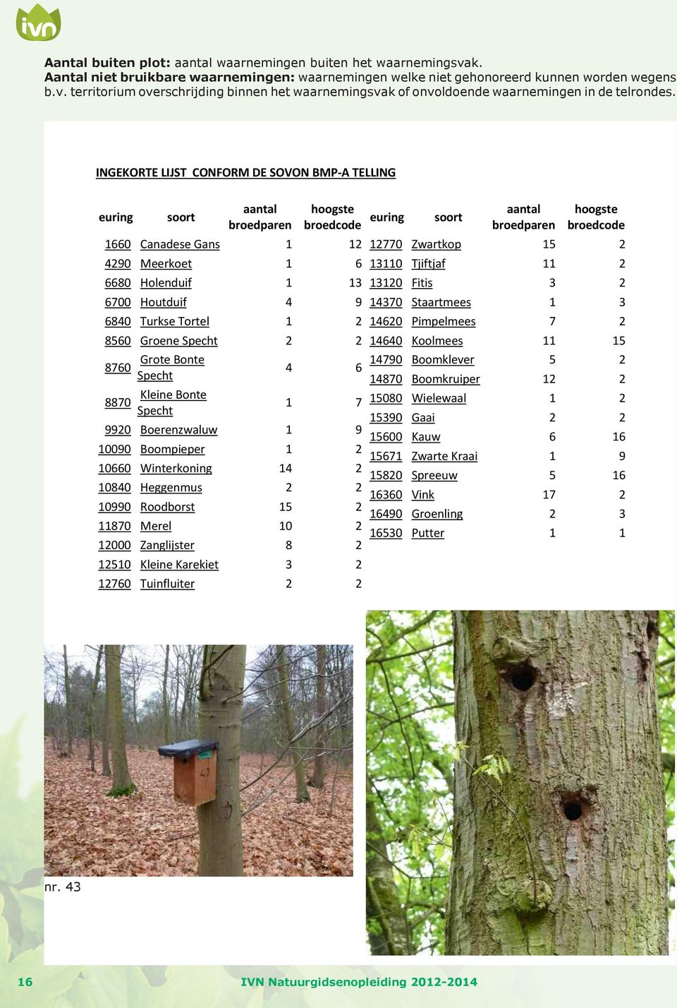 8560 Groene Specht 2 2 8760 8870 Grote Bonte Specht Kleine Bonte Specht 4 6 1 7 9920 Boerenzwaluw 1 9 10090 Boompieper 1 2 10660 Winterkoning 14 2 10840 Heggenmus 2 2 10990 Roodborst 15 2 11870 Merel