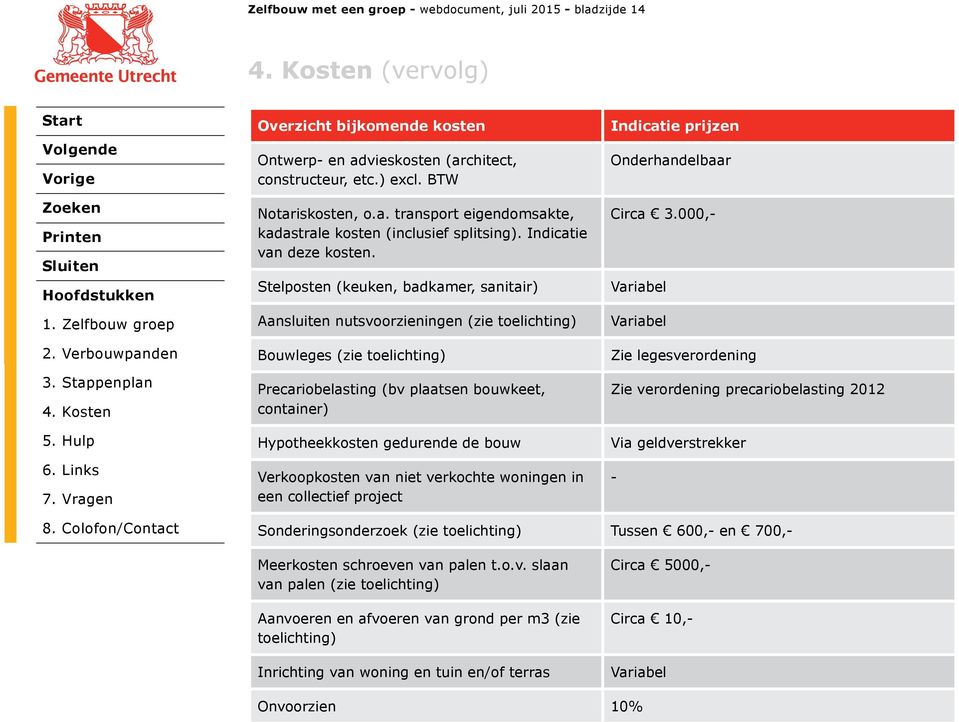 Stelposten (keuken, badkamer, sanitair) Aansluiten nutsvoorzieningen (zie toelichting) Bouwleges (zie toelichting) Precariobelasting (bv plaatsen bouwkeet, container) Hypotheekkosten gedurende de