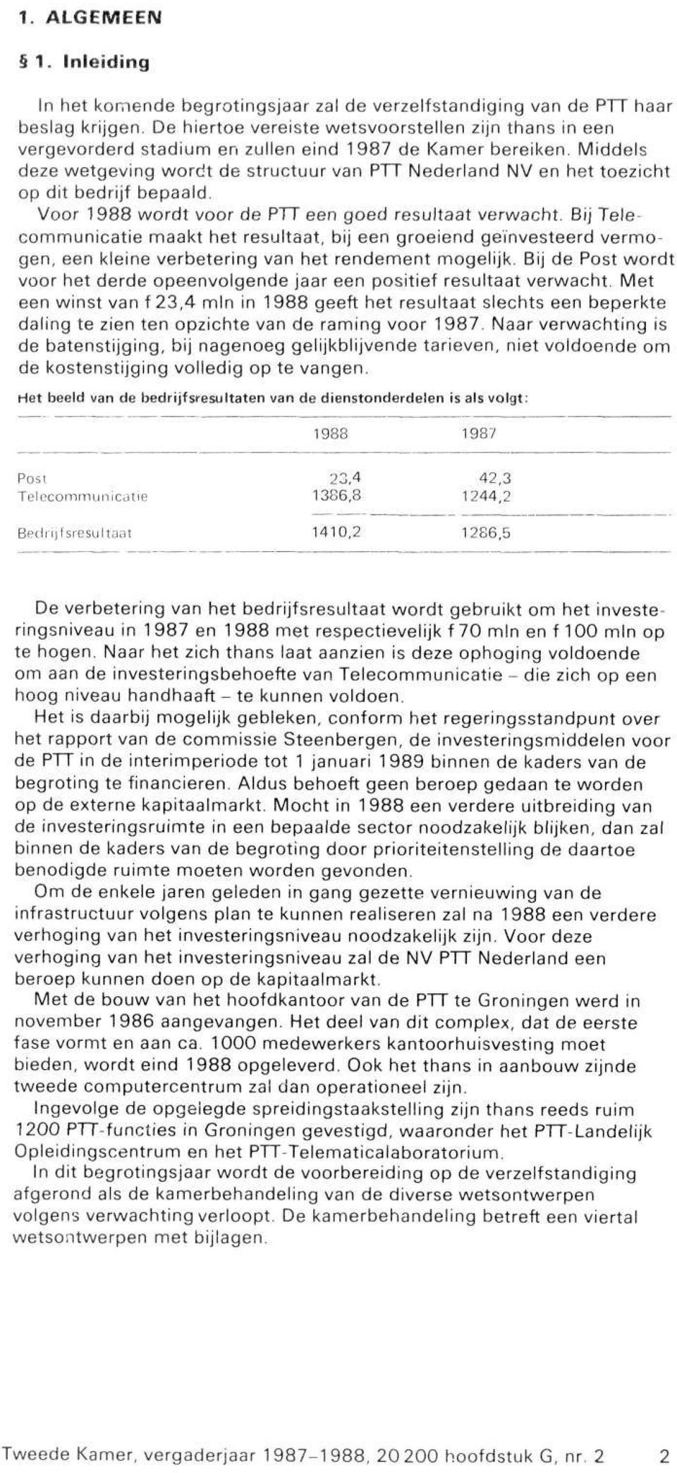 Middels deze wetgeving wordt de structuur van PTT Nederland NV en het toezicht op dit bedrijf bepaald. Voor 1988 wordt voor de PTT een goed resultaat verwacht.