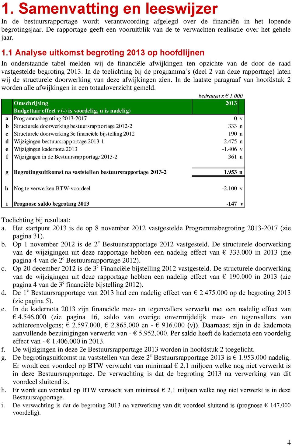 1 Analyse uitkomst begroting 2013 op hoofdlijnen In onderstaande tabel melden wij de financiële afwijkingen ten opzichte van de door de raad vastgestelde begroting 2013.