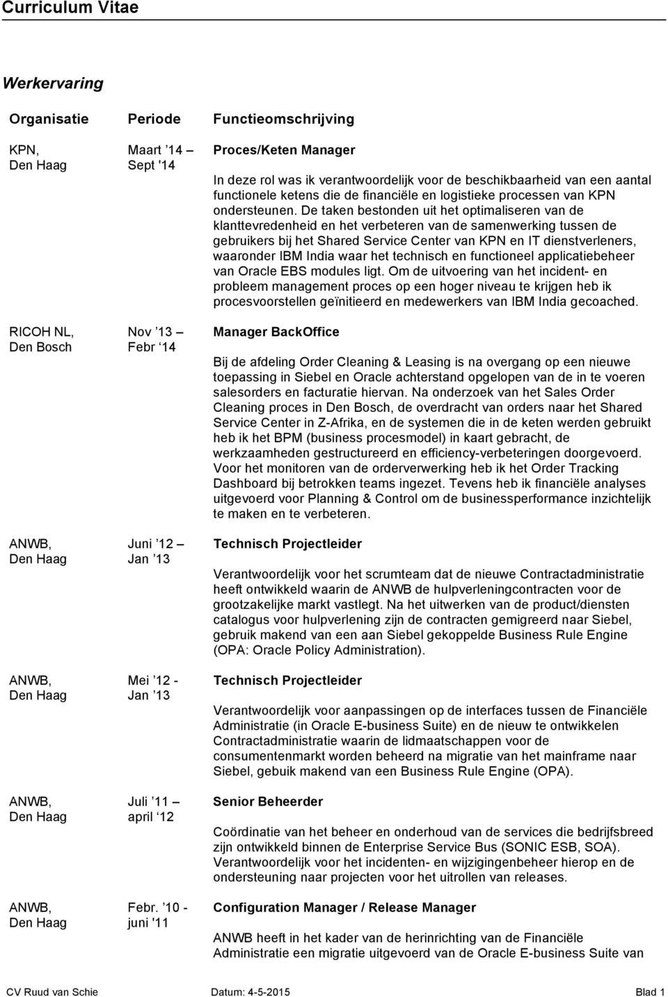 De taken bestonden uit het optimaliseren van de klanttevredenheid en het verbeteren van de samenwerking tussen de gebruikers bij het Shared Service Center van KPN en IT dienstverleners, waaronder IBM