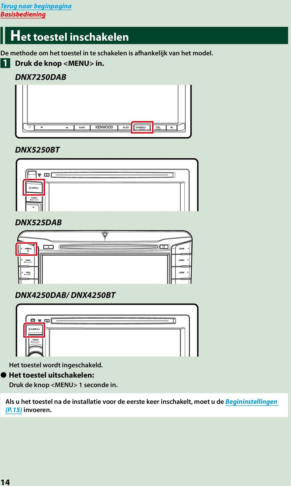 DNX7250DAB DNX5250BT DNX525DAB DNX4250DAB/ DNX4250BT Het toestel wordt ingeschakeld.