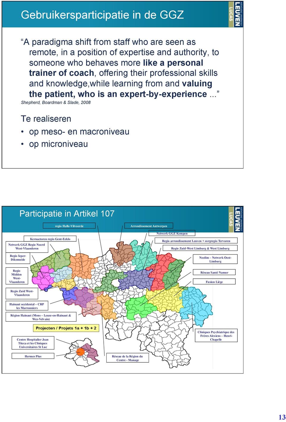 .. Shepherd, Boardman & Slade, 2008 Te realiseren op meso- en macroniveau op microniveau Participatie in Artikel 107 Netwerk GGZ Regio Noord West-Vlaanderen Regio Ieper- Diksmuide regio