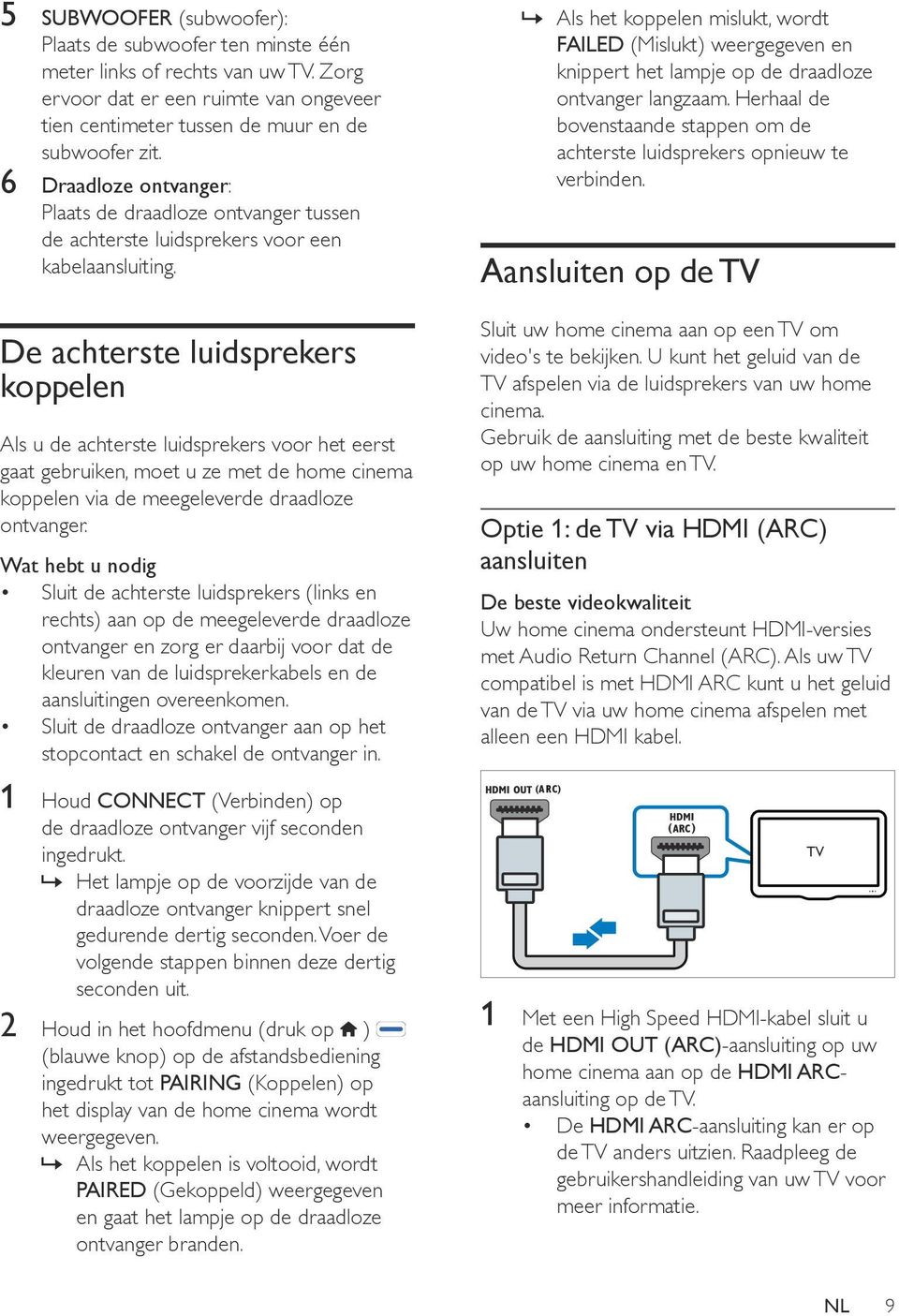 De achterste luidsprekers koppelen Als u de achterste luidsprekers voor het eerst gaat gebruiken, moet u ze met de home cinema koppelen via de meegeleverde draadloze ontvanger.