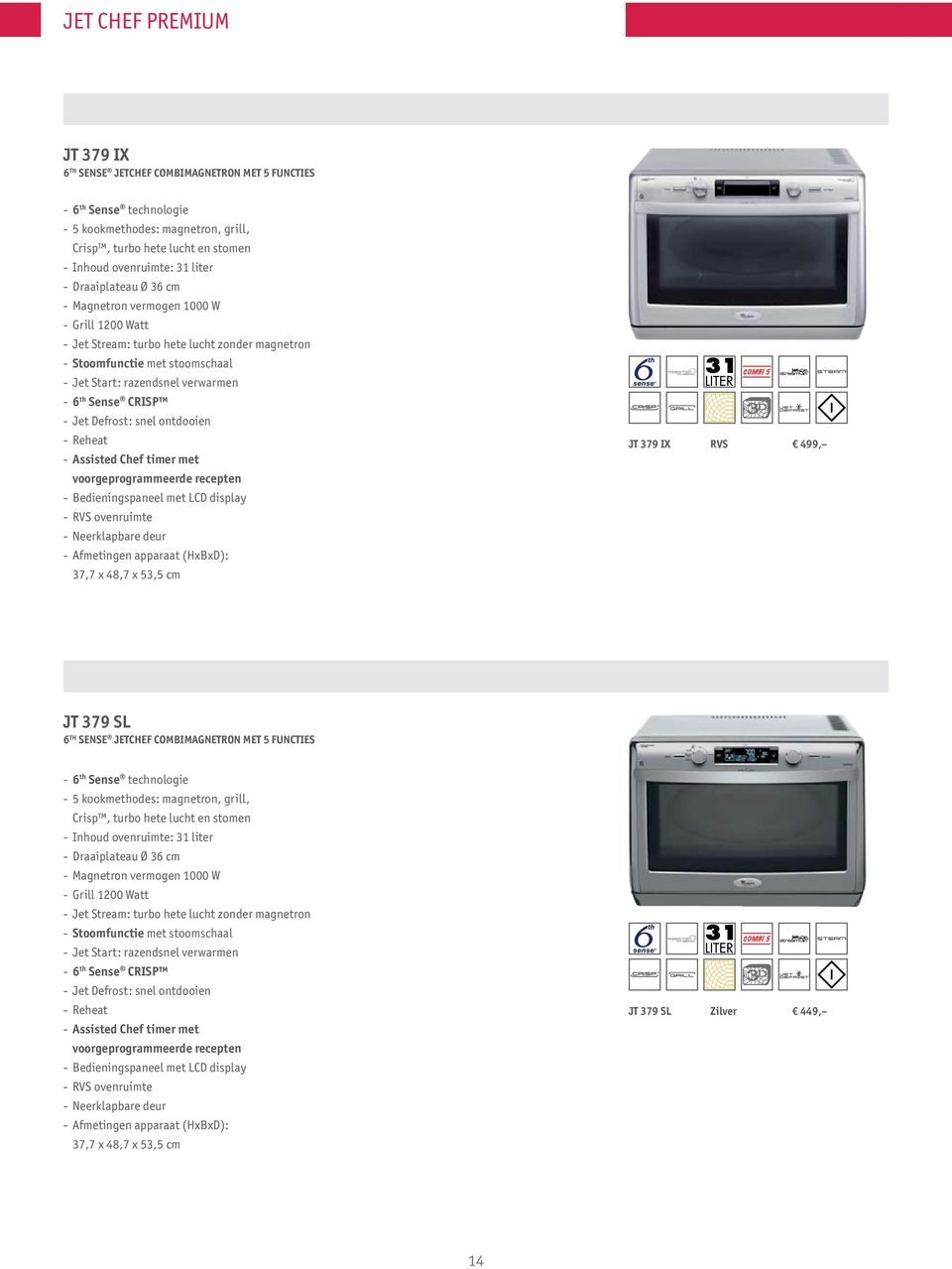ontdooien - Reheat - Assisted Chef timer met voorgeprogrammeerde recepten - Bedieningspaneel met LCD display - RVS ovenruimte - Neerklapbare deur - Afmetingen apparaat (HxBxD): 37,7 x 48,7 x 53,5 cm