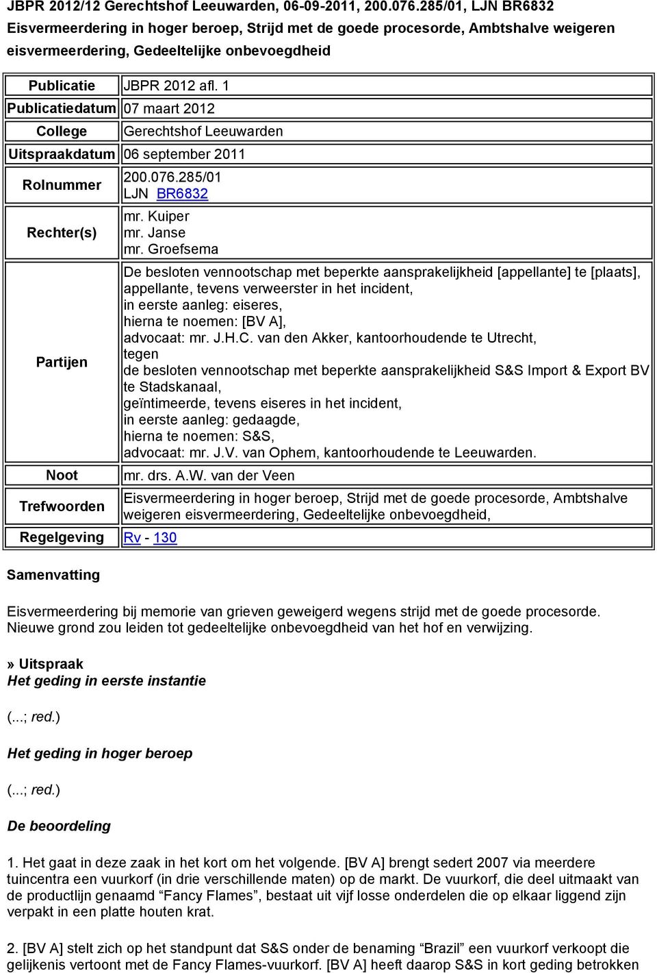1 Publicatiedatum 07 maart 2012 College Gerechtshof Leeuwarden Uitspraakdatum 06 september 2011 Rolnummer Rechter(s) Partijen Noot Trefwoorden 200.076.285/01 LJN BR6832 mr. Kuiper mr. Janse mr.