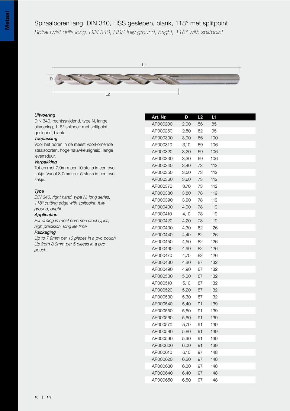 Tot en met 7,9mm per 10 stuks in een pvc zakje. Vanaf 8,0mm per 5 stuks in een pvc zakje. DIN 340, right hand, type N, long series, 118 cutting edge with splitpoint, fully ground, bright.