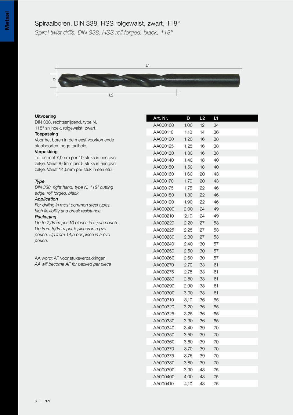 DIN 338, right hand, type N, 118 cutting edge, roll forged, black For drilling in most common steel types, high flexibility and break resistance. Up to 7,9mm per 10 pieces in a pvc pouch.