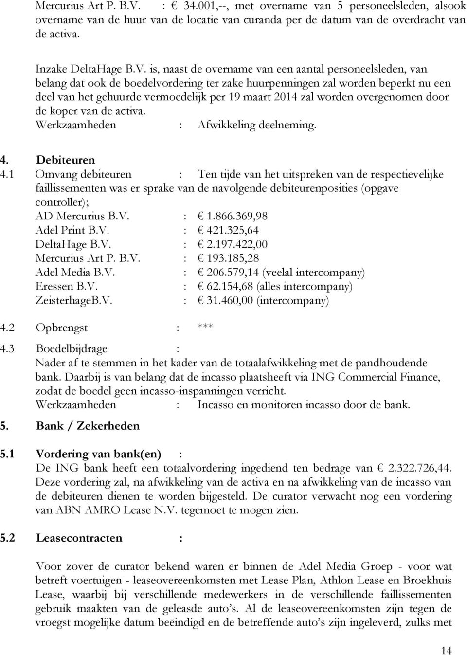 is, naast de overname van een aantal personeelsleden, van belang dat ook de boedelvordering ter zake huurpenningen zal worden beperkt nu een deel van het gehuurde vermoedelijk per 19 maart 2014 zal