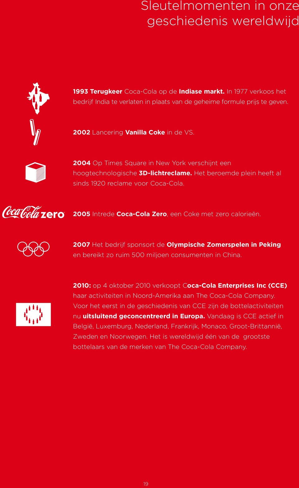 2005 Intrede Coca-Cola Zero, een Coke met zero calorieën. 2007 Het bedrijf sponsort de Olympische Zomerspelen in Peking en bereikt zo ruim 500 miljoen consumenten in China.