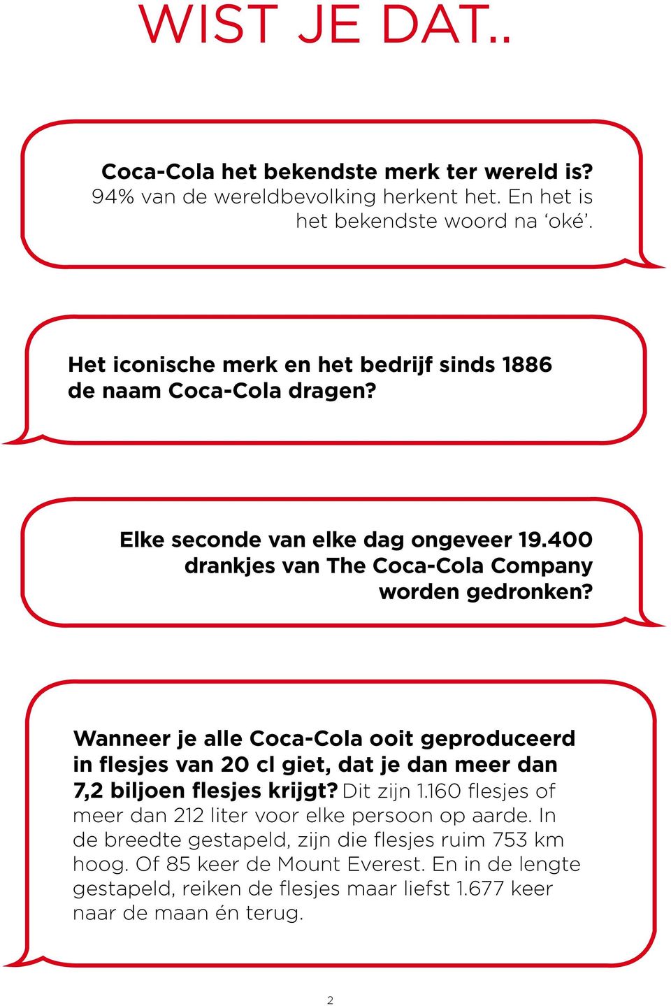 Wanneer je alle Coca-Cola ooit geproduceerd in flesjes van 20 cl giet, dat je dan meer dan 7,2 biljoen flesjes krijgt? Dit zijn 1.