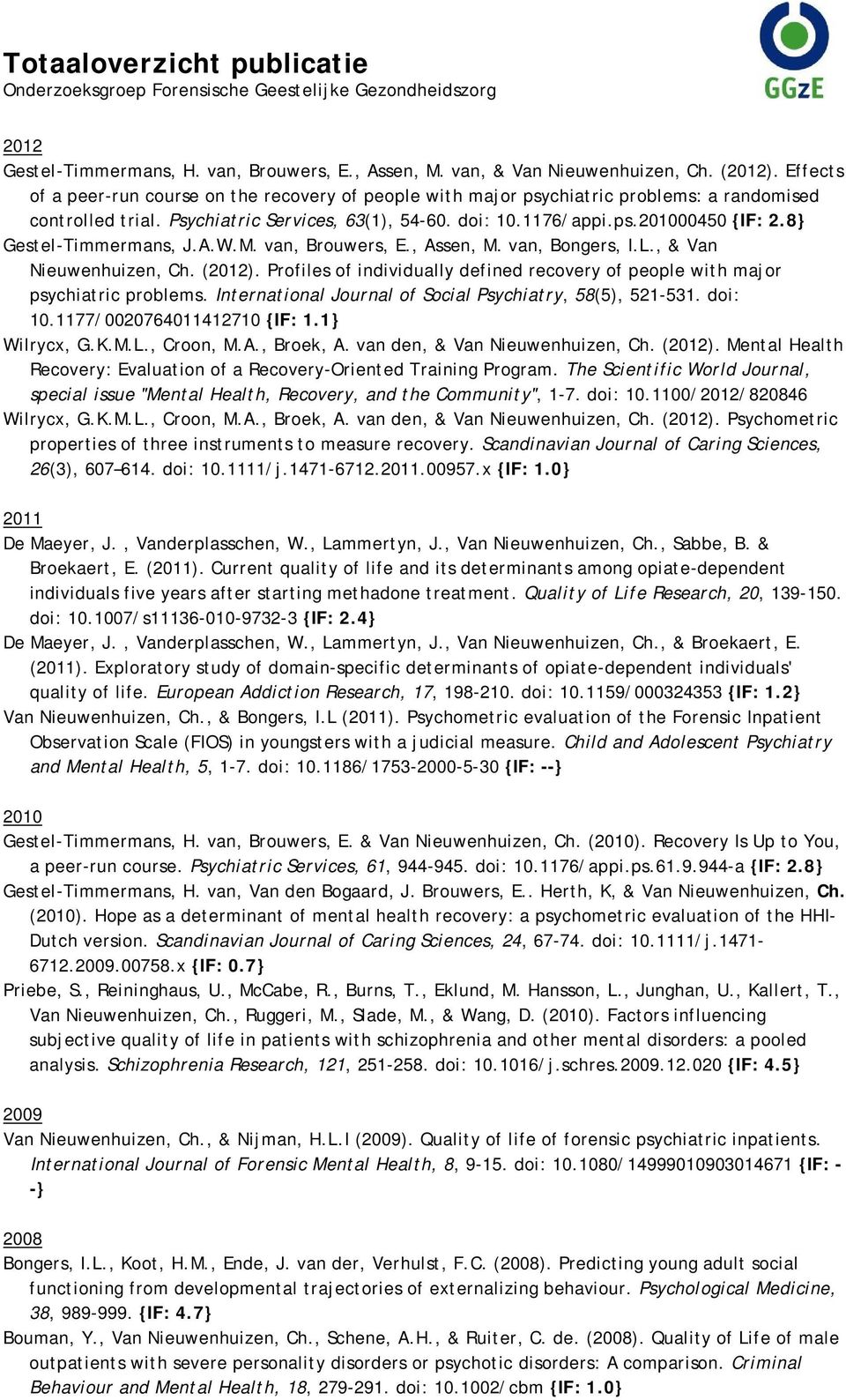 8} Gestel-Timmermans, J.A.W.M. van, Brouwers, E., Assen, M. van, Bongers, I.L., & Van Nieuwenhuizen, Ch. (2012). Profiles of individually defined recovery of people with major psychiatric problems.