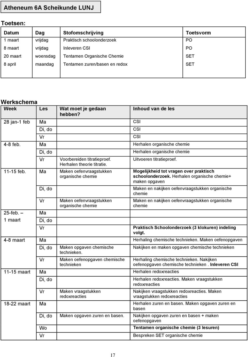 Ma Herhalen organische chemie Di, do Vr Voorbereiden titratieproef. Herhalen theorie titratie. 11-15 feb. Ma Maken oefenvraagstukken organische chemie 25-feb.