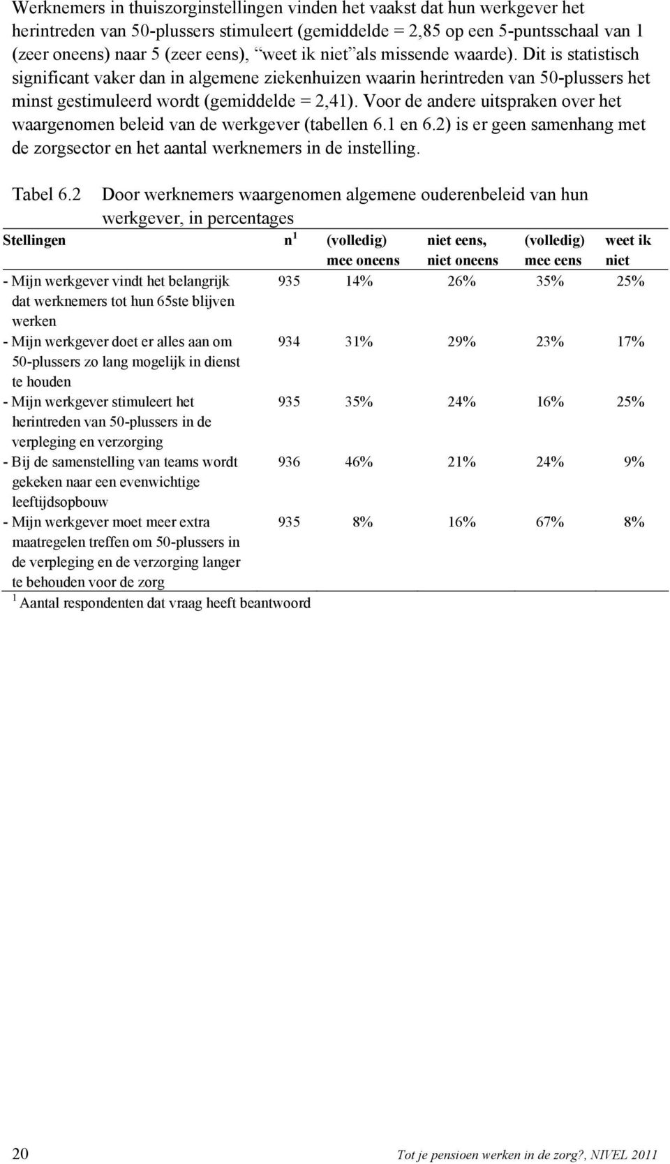 Voor de andere uitspraken over het waargenomen beleid van de werkgever (tabellen 6.1 en 6.2) is er geen samenhang met de zorgsector en het aantal werknemers in de instelling. Tabel 6.