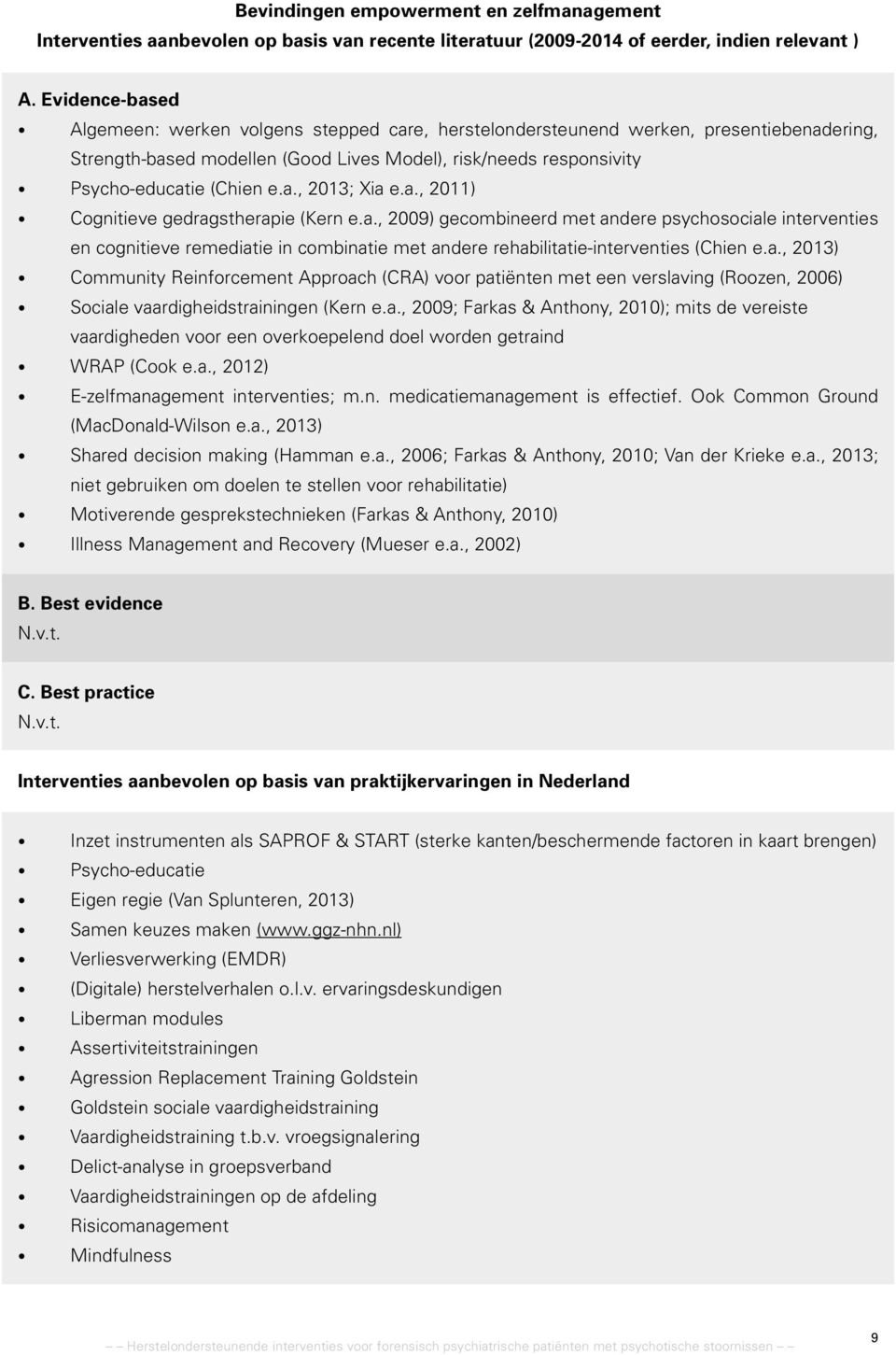 a., 2011) Cognitieve gedragstherapie (Kern e.a., 2009) gecombineerd met andere psychosociale interventies en cognitieve remediatie in combinatie met andere rehabilitatie-interventies (Chien e.a., 2013) Community Reinforcement Approach (CRA) voor patiënten met een verslaving (Roozen, 2006) Sociale vaardigheidstrainingen (Kern e.