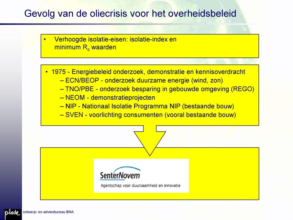 energie (wind, zon) TNO/PBE - onderzoek besparing in gebouwde omgeving (REGO) NEOM - demonstratieprojecten