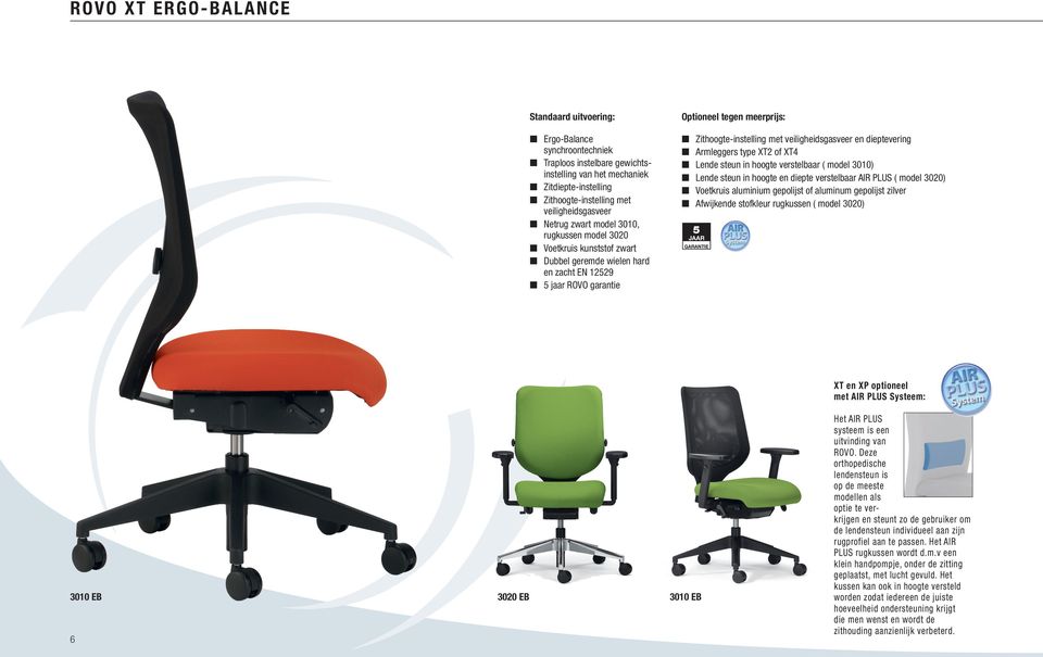 veiligheidsgasveer en dieptevering Armleggers type XT2 of XT4 Lende steun in hoogte verstelbaar ( model 3010) Lende steun in hoogte en diepte verstelbaar AIR PLUS ( model 3020) Voetkruis aluminium