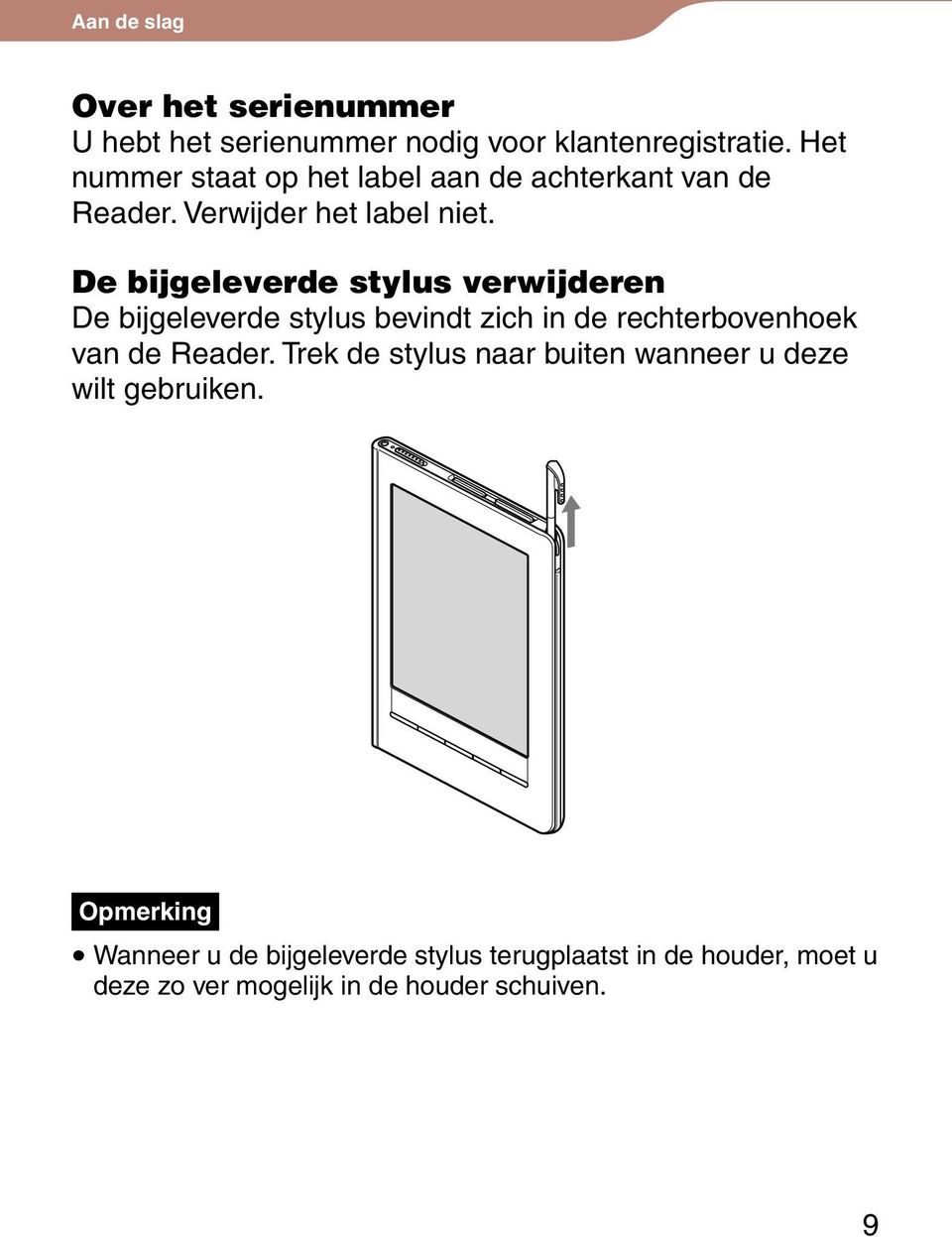 De bijgeleverde stylus verwijderen De bijgeleverde stylus bevindt zich in de rechterbovenhoek van de Reader.