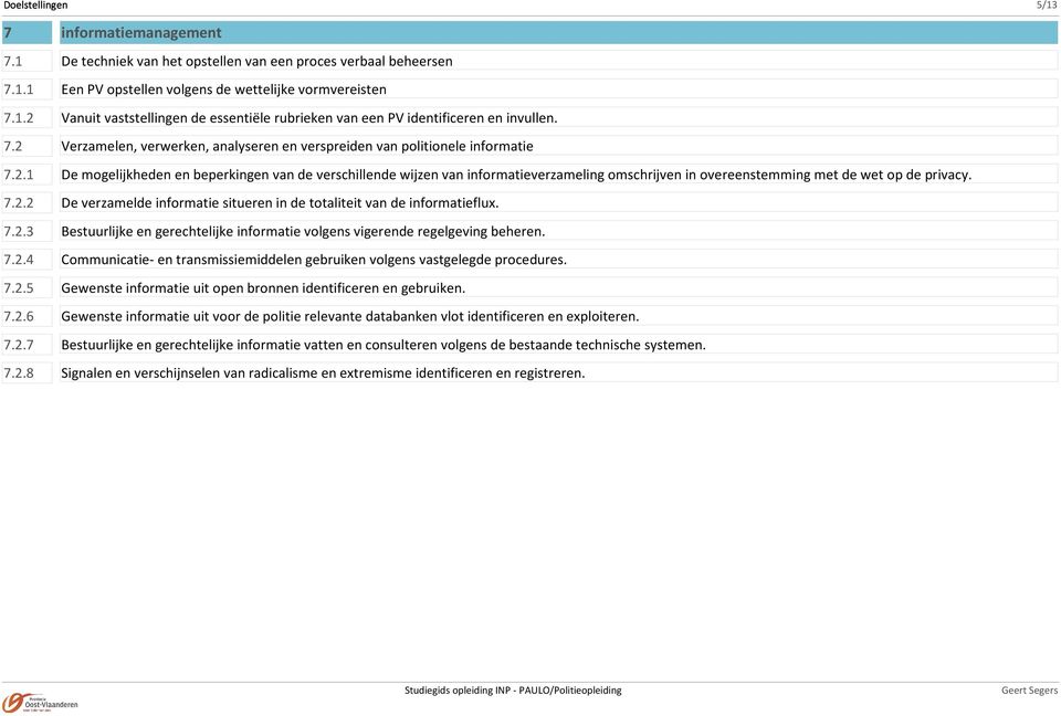 7.2.2 De verzamelde informatie situeren in de totaliteit van de informatieflux. 7.2.3 Bestuurlijke en gerechtelijke informatie volgens vigerende regelgeving beheren. 7.2.4 Communicatie- en transmissiemiddelen gebruiken volgens vastgelegde procedures.