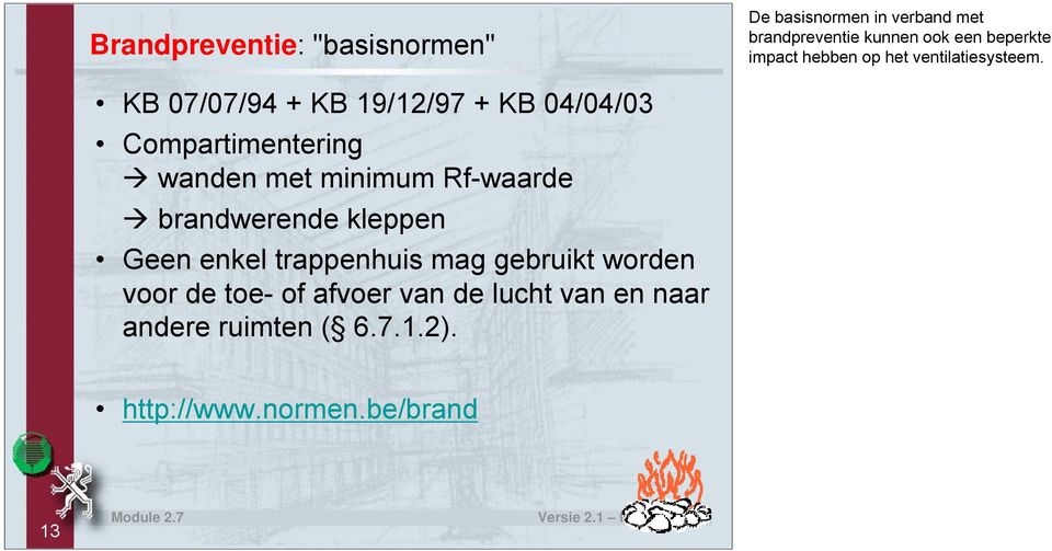 KB 07/07/94 + KB 19/12/97 + KB 04/04/03 Compartimentering wanden met minimum Rf-waarde