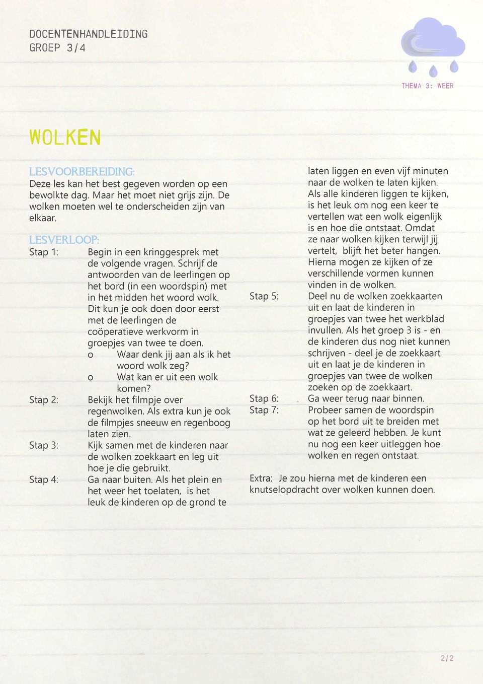 Dit kun je ook doen door eerst met de leerlingen de coöperatieve werkvorm in groepjes van twee te doen. o Waar denk jij aan als ik het woord wolk zeg? o Wat kan er uit een wolk komen?