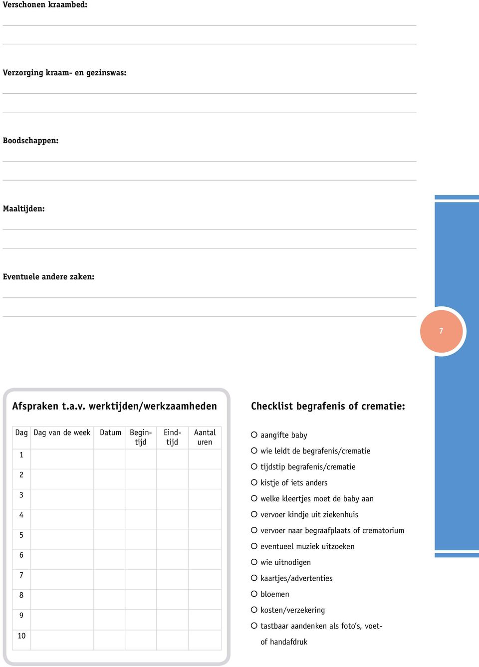 werktijden/werkzaamheden Checklist begrafenis of crematie: 1 2 3 Dag Dag van de week Datum Begintijd Eindtijd Aantal uren aangifte baby wie leidt de