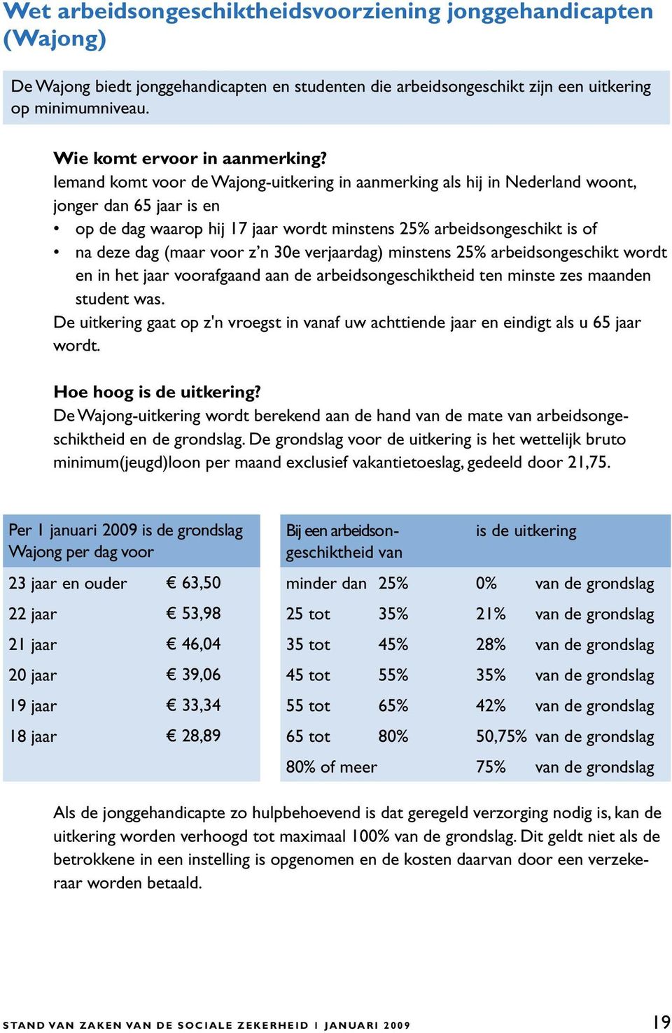 Iemand komt voor de Wajong-uitkering in aanmerking als hij in Nederland woont, jonger dan 65 jaar is en op de dag waarop hij 17 jaar wordt minstens 25% arbeidsongeschikt is of na deze dag (maar voor