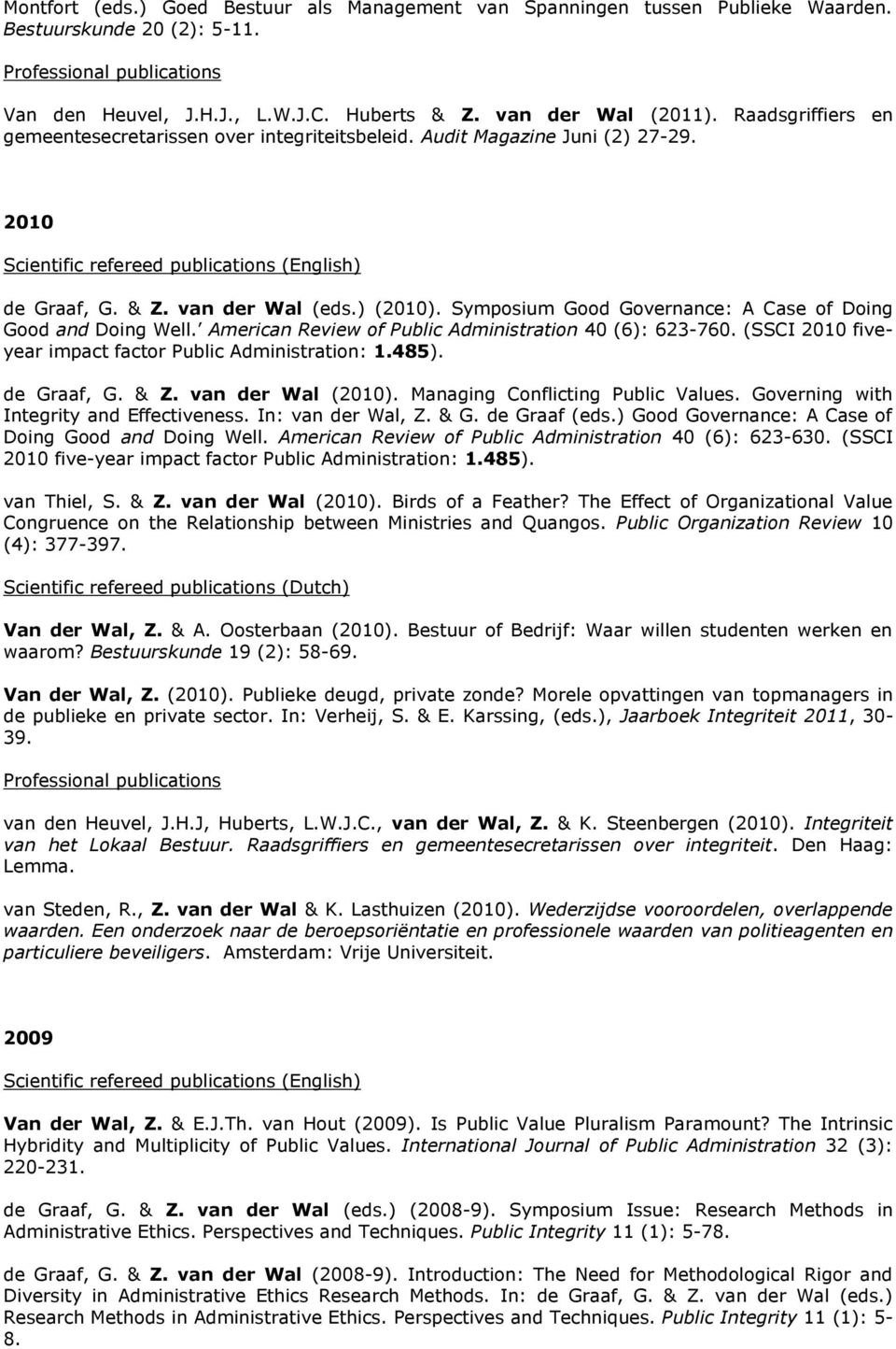 Symposium Good Governance: A Case of Doing Good and Doing Well. American Review of Public Administration 40 (6): 623-760. (SSCI 2010 fiveyear impact factor Public Administration: 1.485). de Graaf, G.