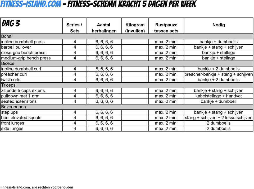 2 min. preacher-bankje + stang + schijven twist curls 4 6, 6, 6, 6 max. 2 min. bankje + 2 dumbbells Triceps zittende triceps extens. 4 6, 6, 6, 6 max. 2 min. bankje + stang + schijven pulldown met 1 arm 4 6, 6, 6, 6 max.