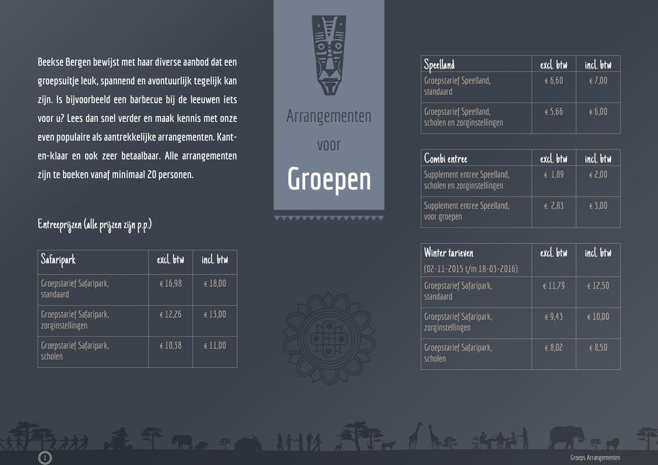 Arrangementen voor Groepen Speelland excl. btw incl. btw Groepstarief Speelland, standaard Groepstarief Speelland, scholen en zorginstellingen 6,60 7,00 5,66 6,00 Combi entree excl. btw incl. btw Supplement entree Speelland, scholen en zorginstellingen 1,89 2,00 Entreeprijzen (alle prijzen zijn p.